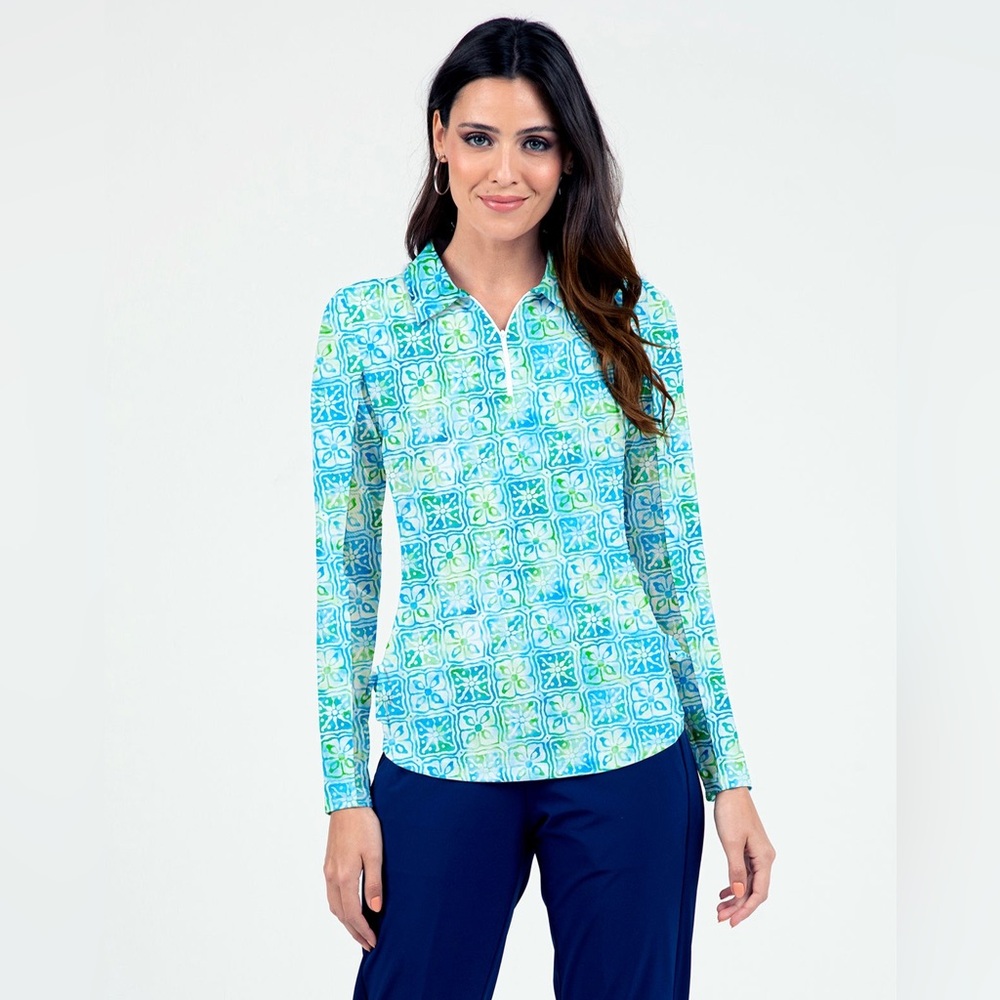 IBKUL Kathy Print Adjustable Length Long Sleeve Polo Turquoise Lime Women’s S
